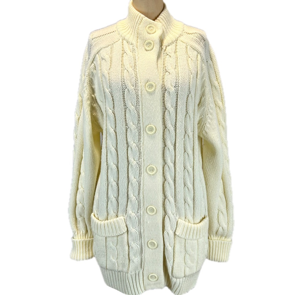 VINTAGE Sears classic cable knit sweater cardigan long tunic‎ button front 70s